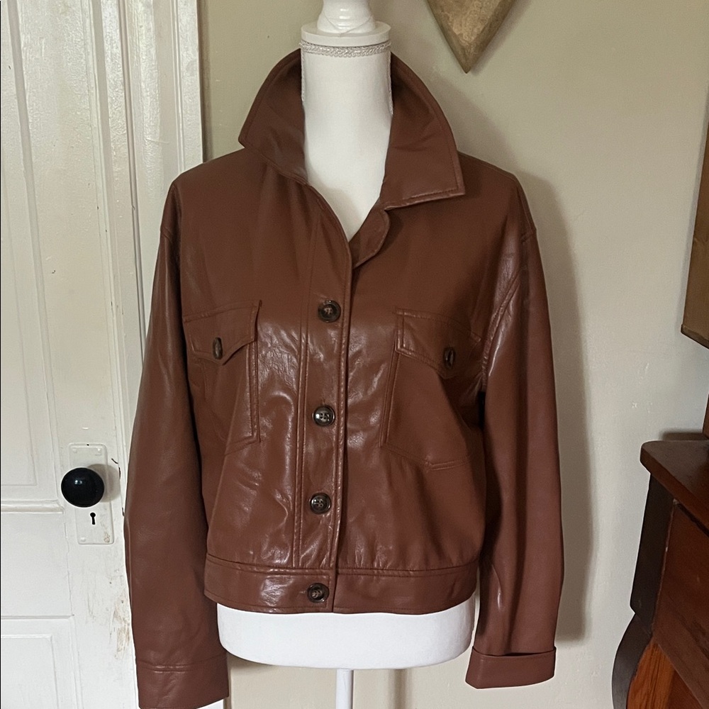 Women's Brown Faux Leather Button-Up Jacket